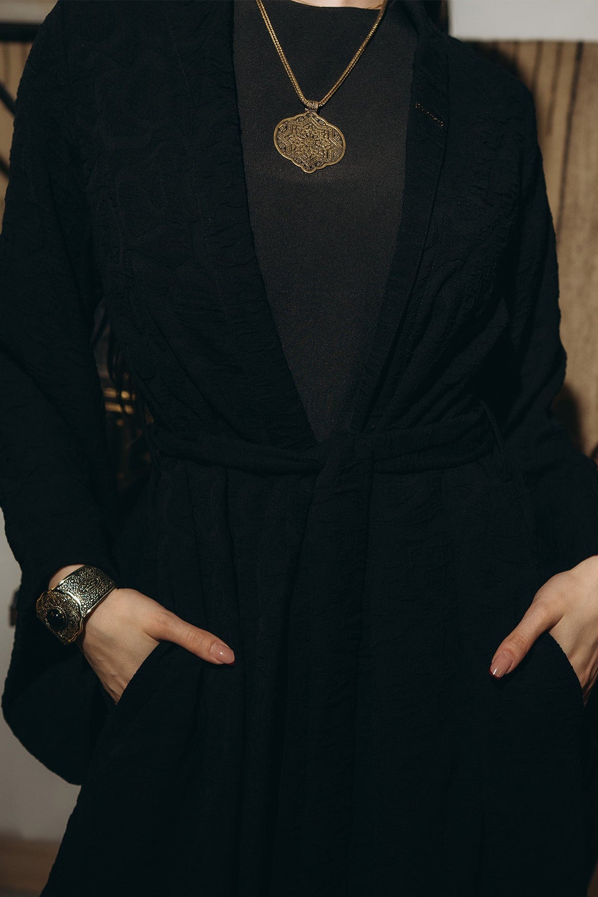 Belted Kimono-Sleeve Abaya