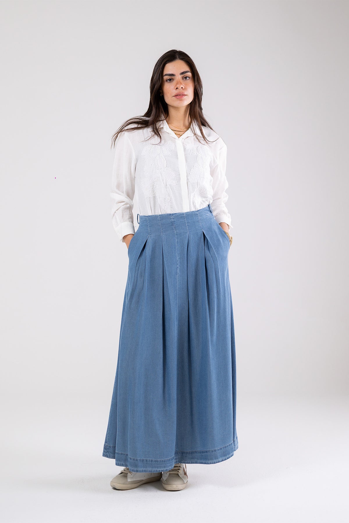 Light Denim Pleated Maxi Skirt
