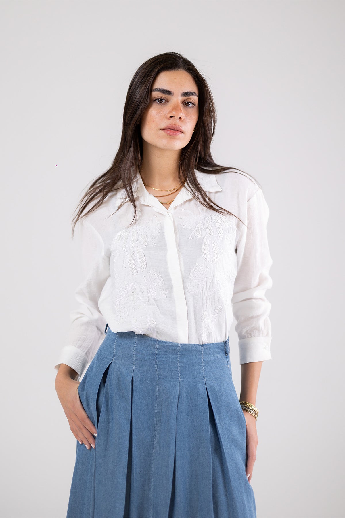 Light Denim Pleated Maxi Skirt