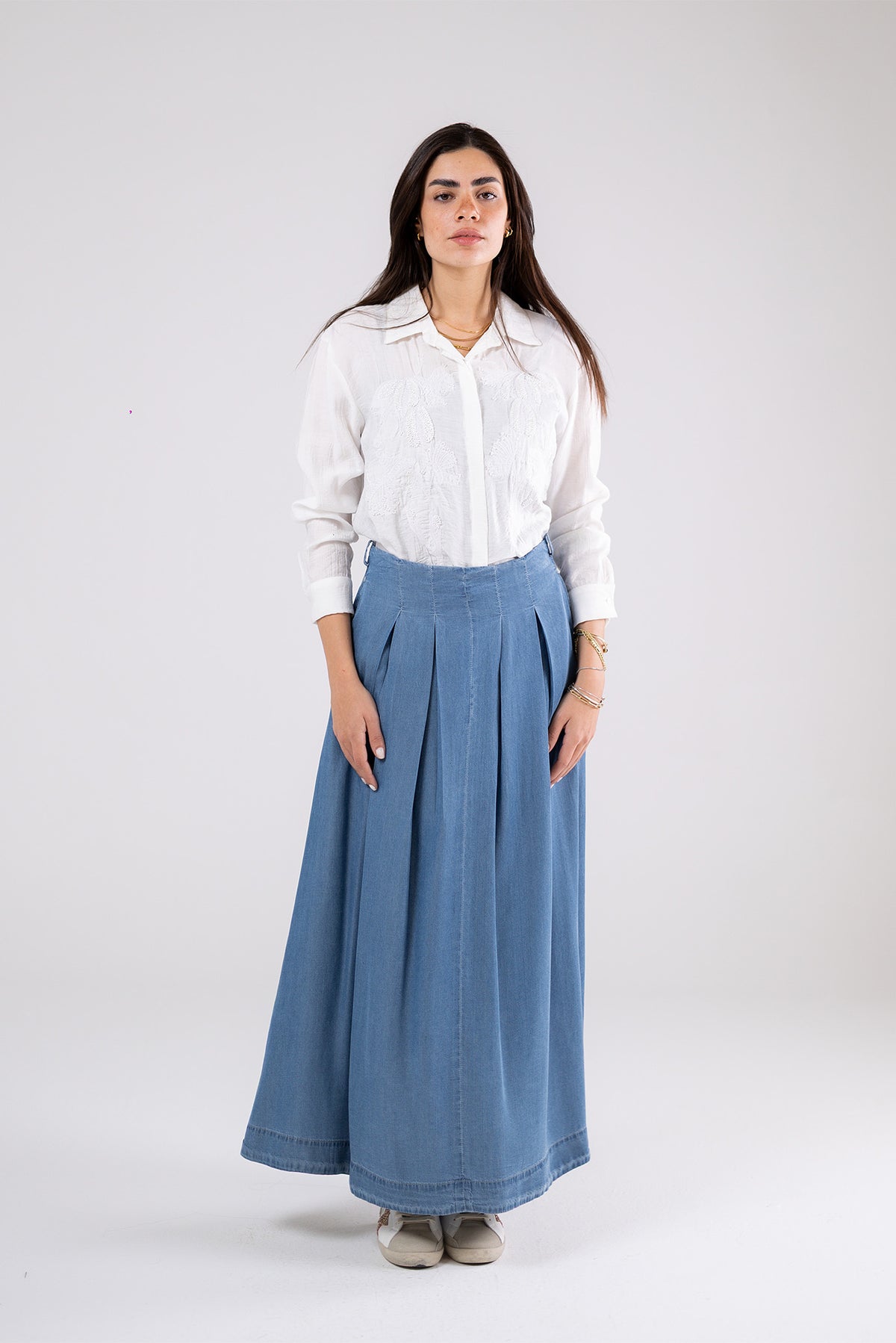 Light Denim Pleated Maxi Skirt