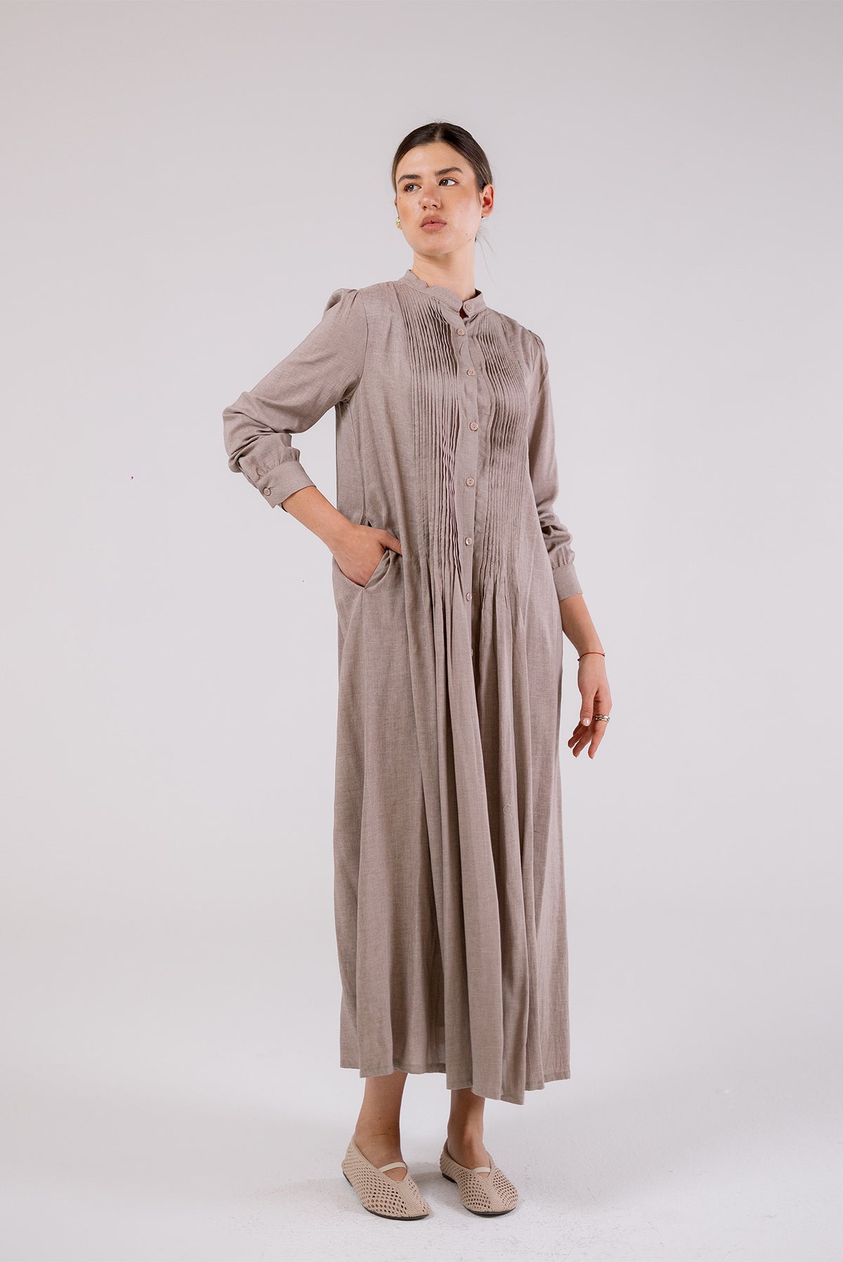 Soft Taupe Pleated Maxi Dress