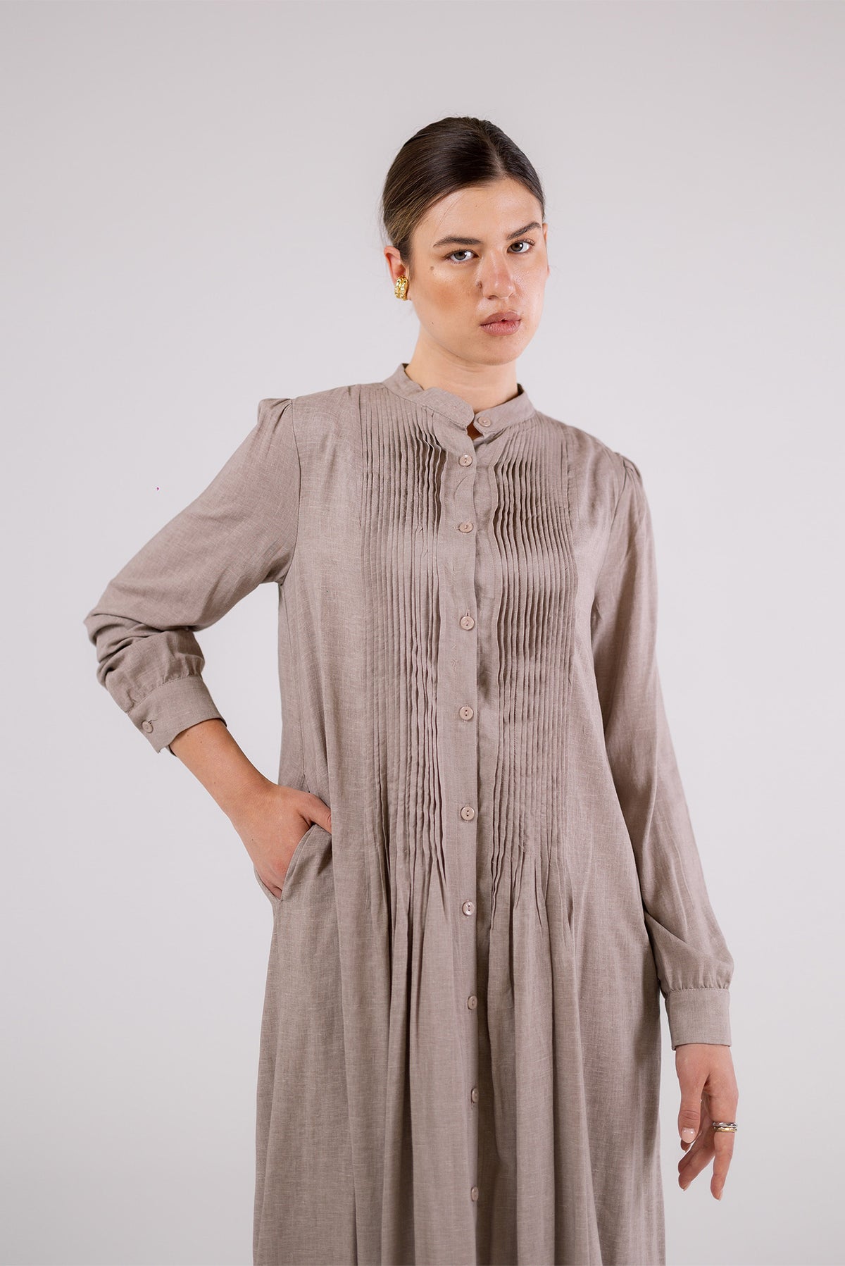 Soft Taupe Pleated Maxi Dress