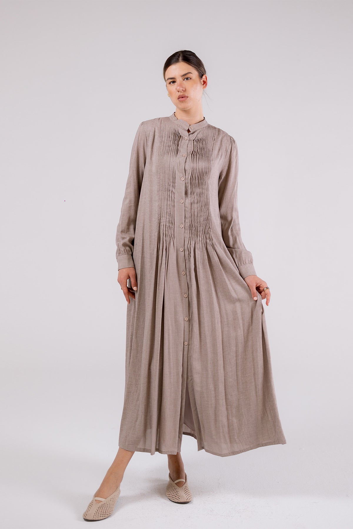Soft Taupe Pleated Maxi Dress