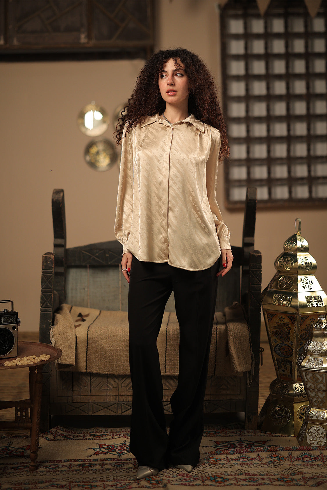 Ivory Jacquard Satin Shirt