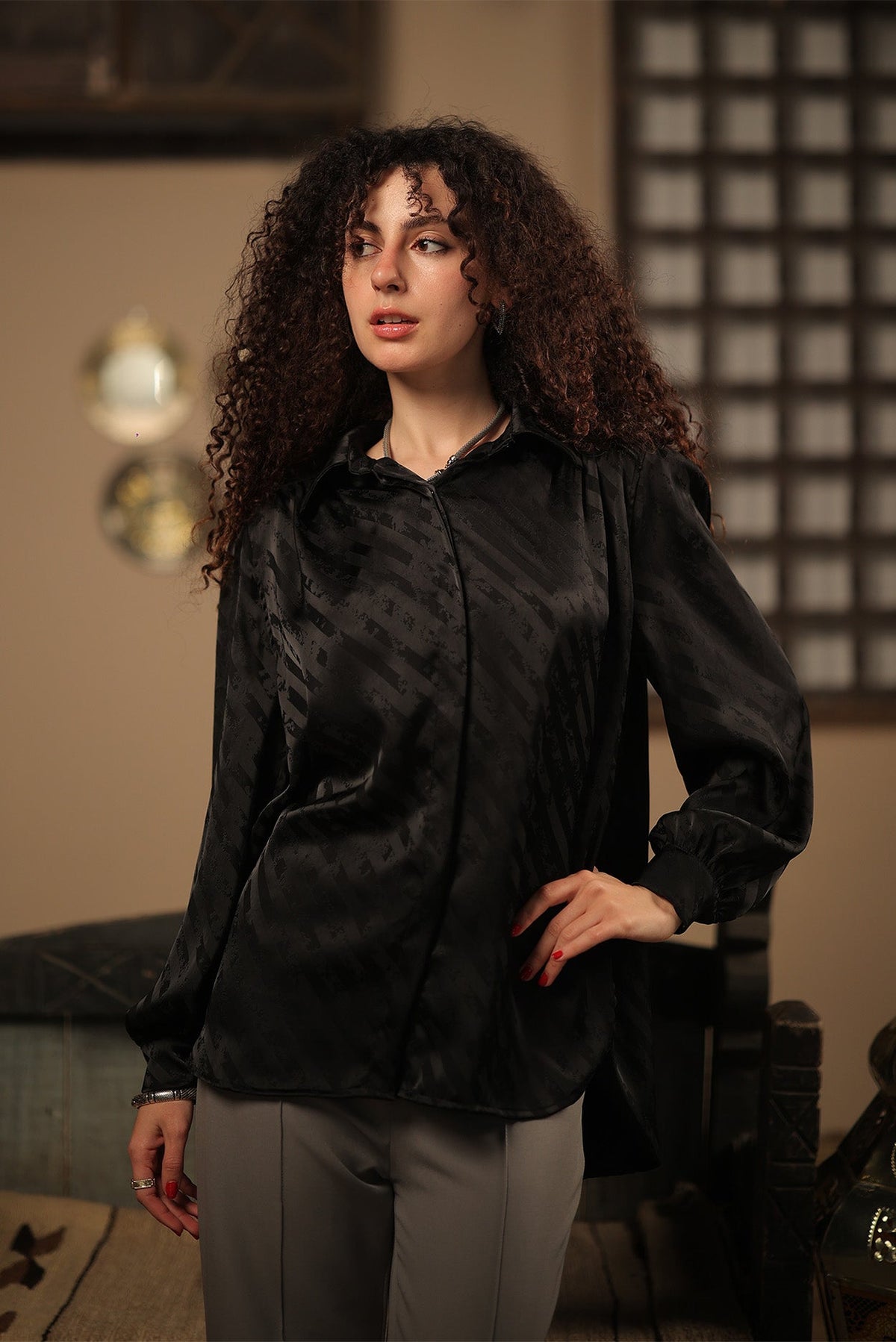 Ivory Jacquard Satin Shirt