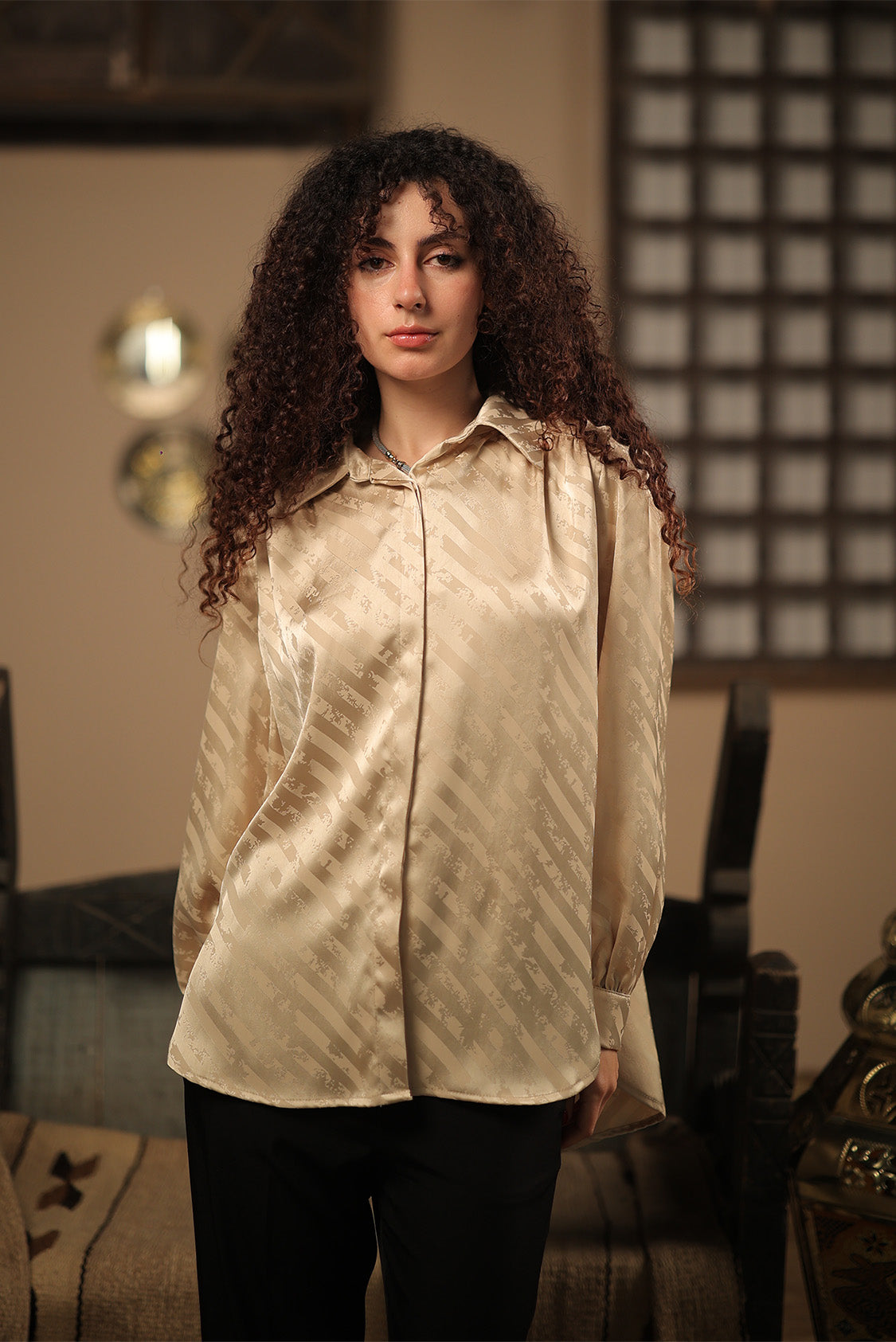 Ivory Jacquard Satin Shirt