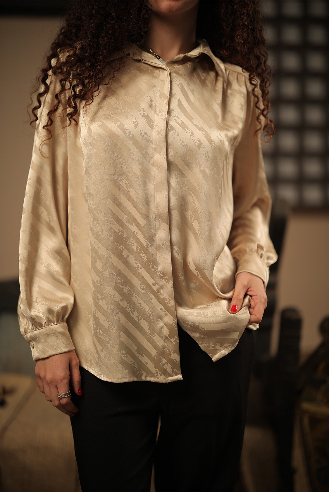 Ivory Jacquard Satin Shirt