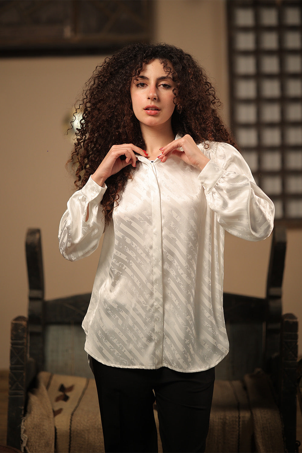 Ivory Jacquard Satin Shirt