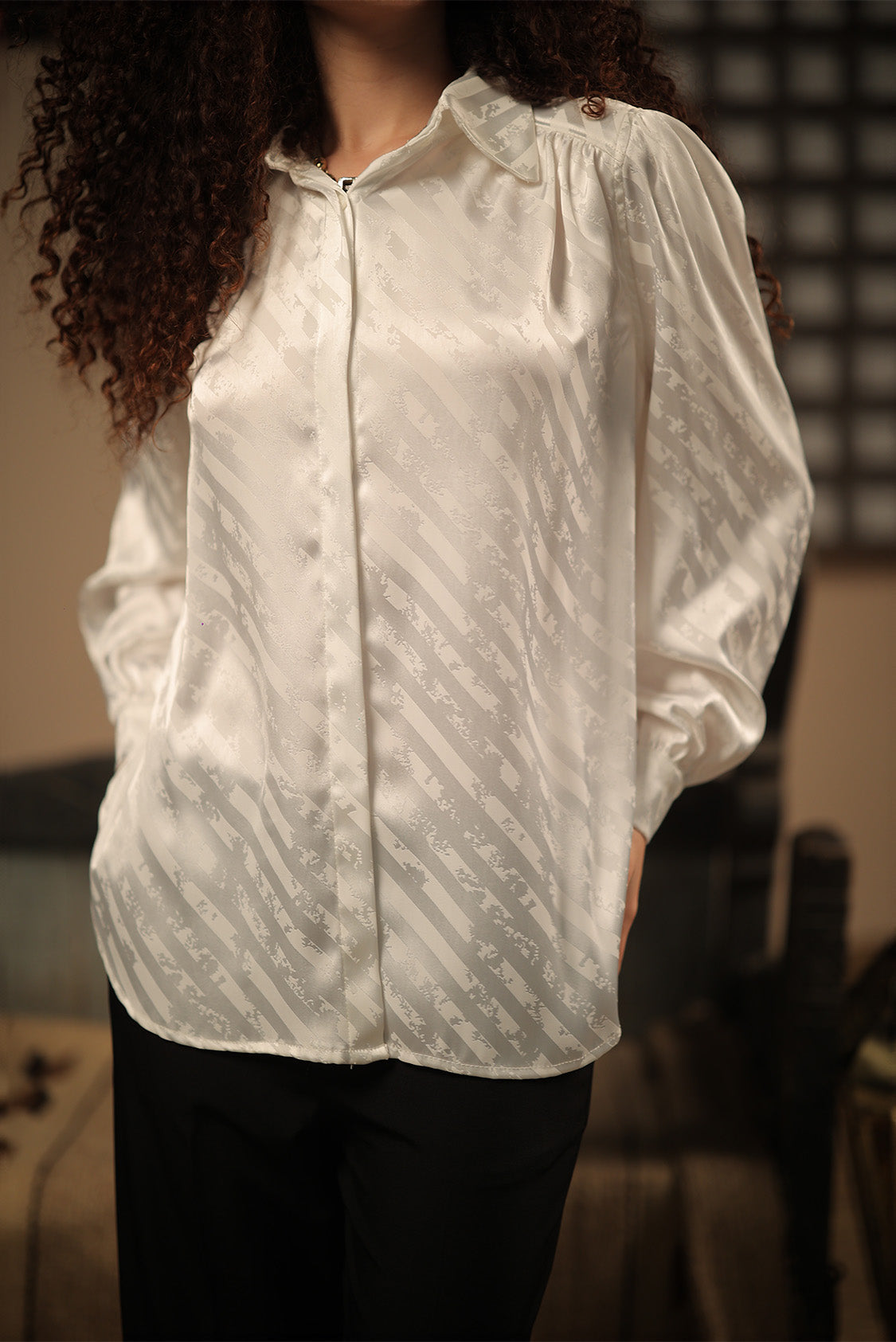 Ivory Jacquard Satin Shirt