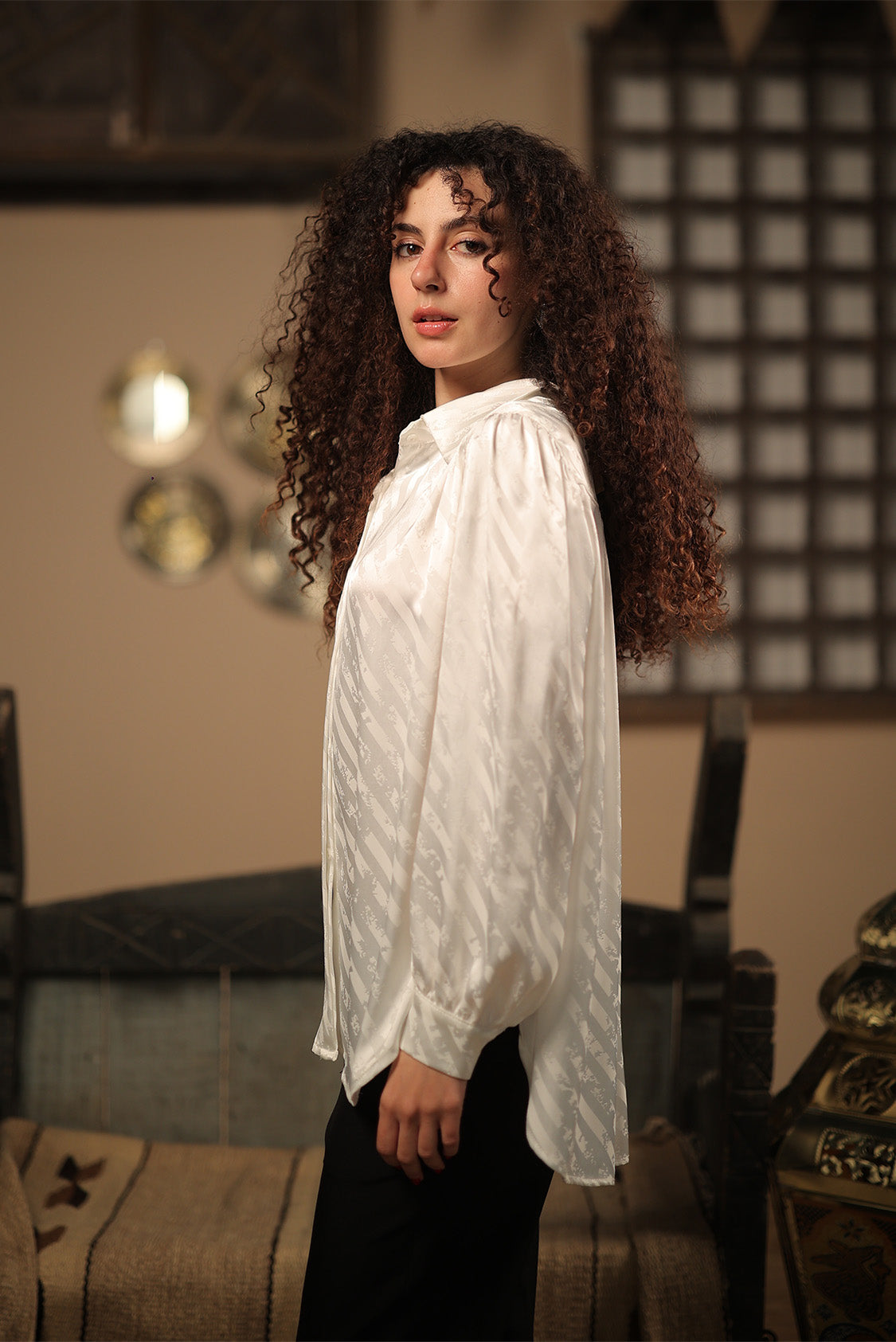 Ivory Jacquard Satin Shirt