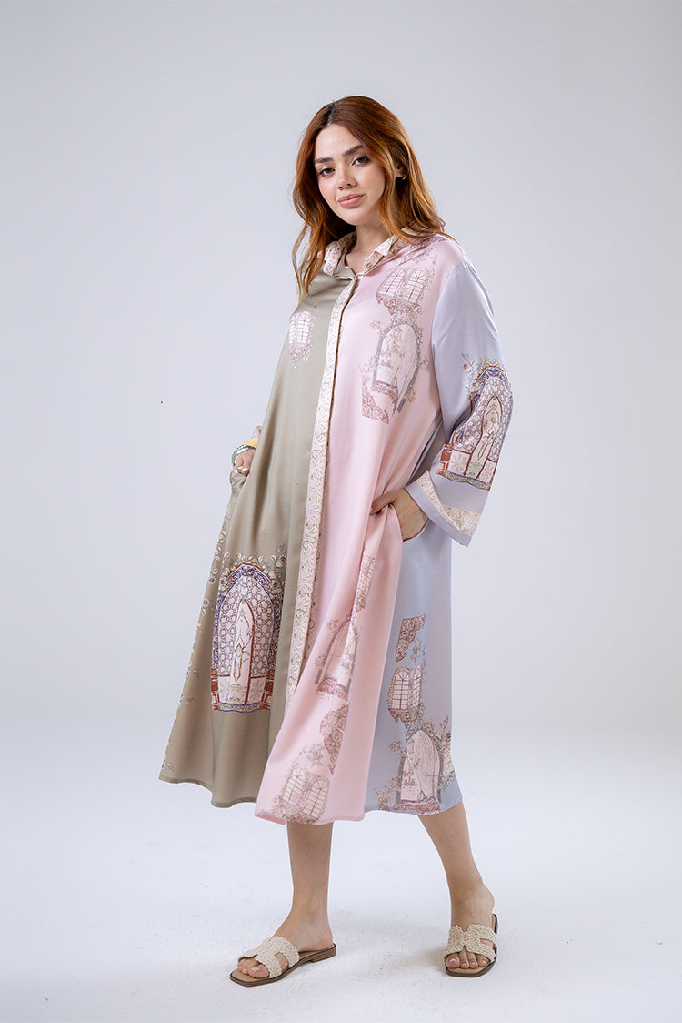 Printed Satin Shirt Dress