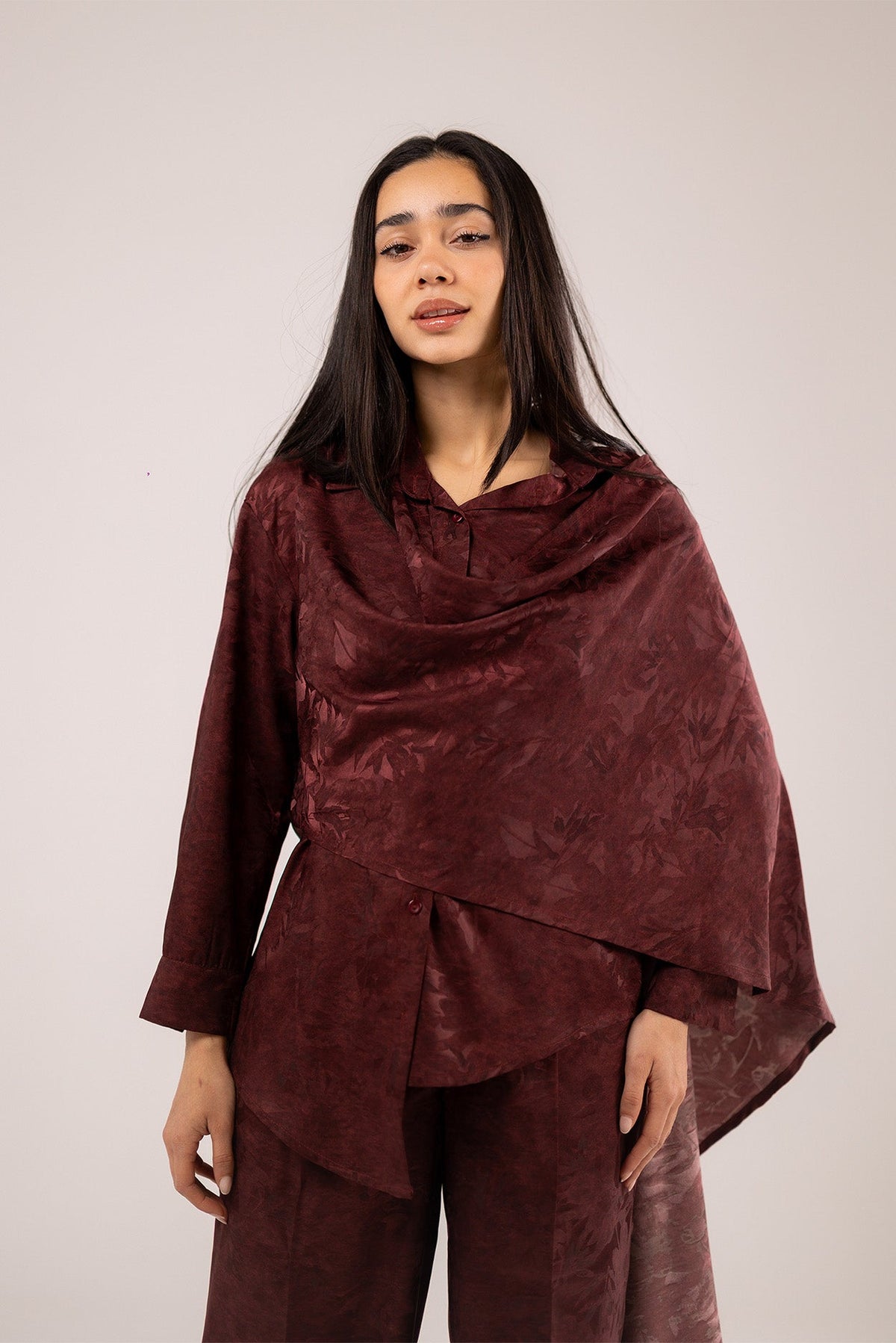 Draped Long-Sleeve Top with Scarf Detail