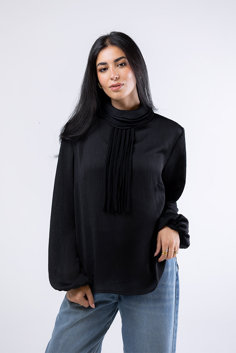 High-Neck Pleated Blouse