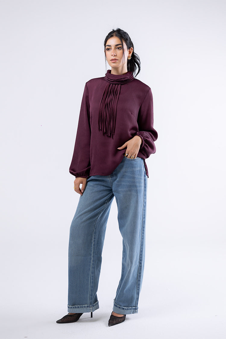 High-Neck Pleated Blouse
