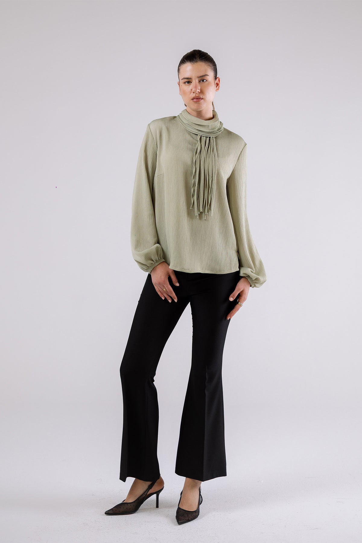 High-Neck Pleated Blouse