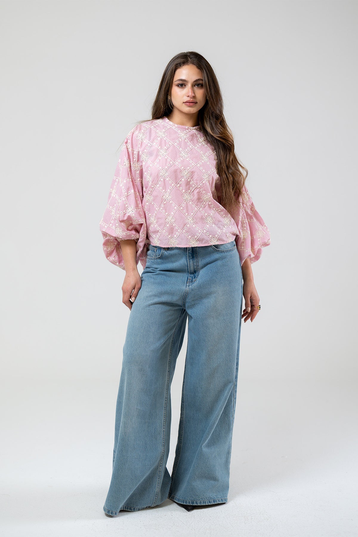 Embroidered Balloon Sleeve Blouse