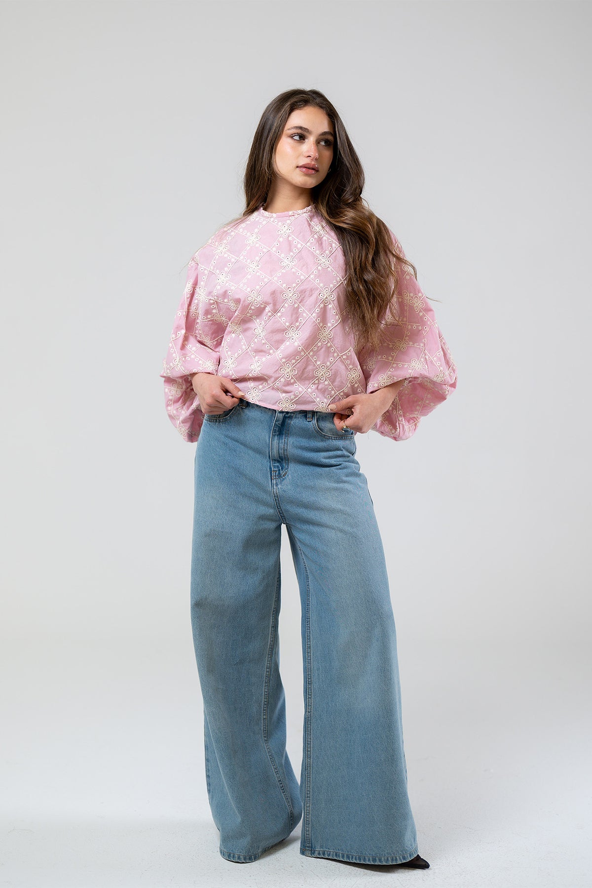 Embroidered Balloon Sleeve Blouse