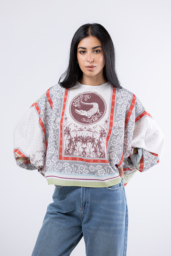 Printed Balloon-Sleeve Blouse