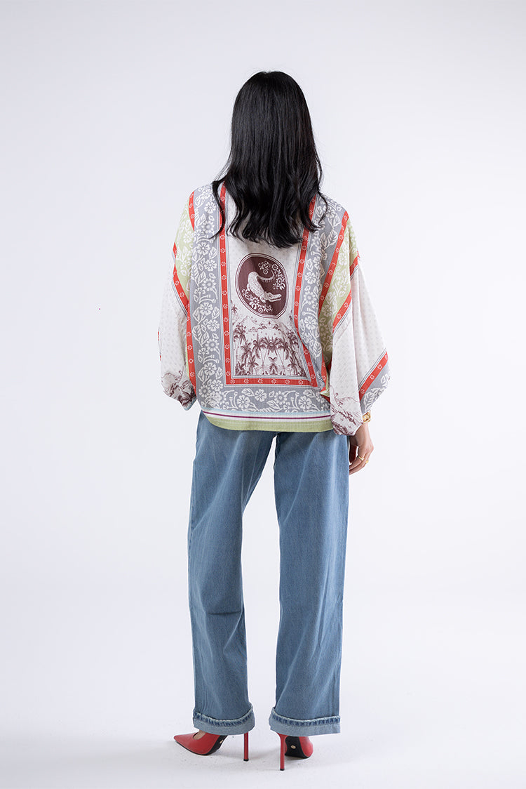 Printed Balloon-Sleeve Blouse