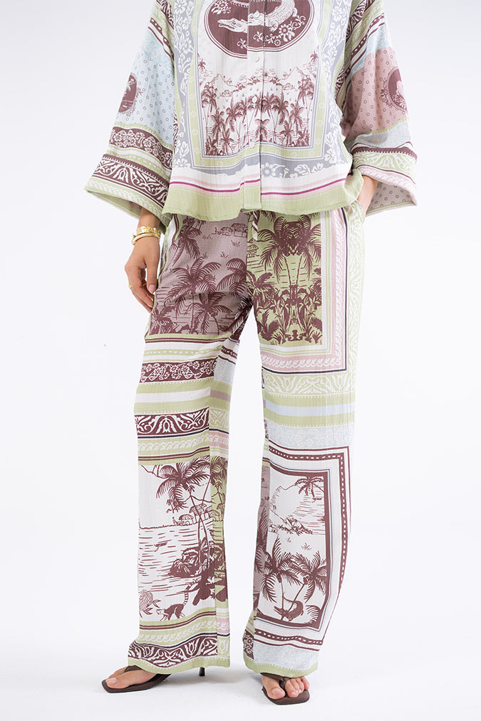 Tropical Print Wide-Leg Pants