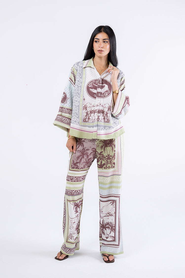 Tropical Print Wide-Leg Pants