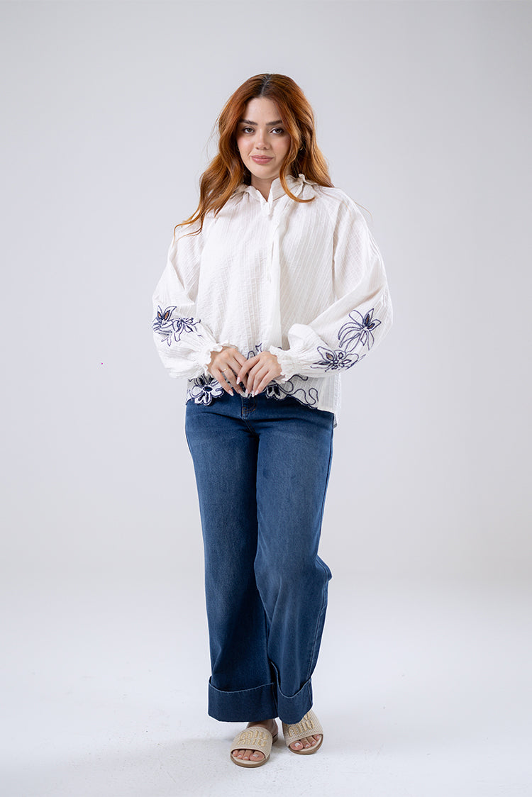 Embroidered Tie-Neck Blouse
