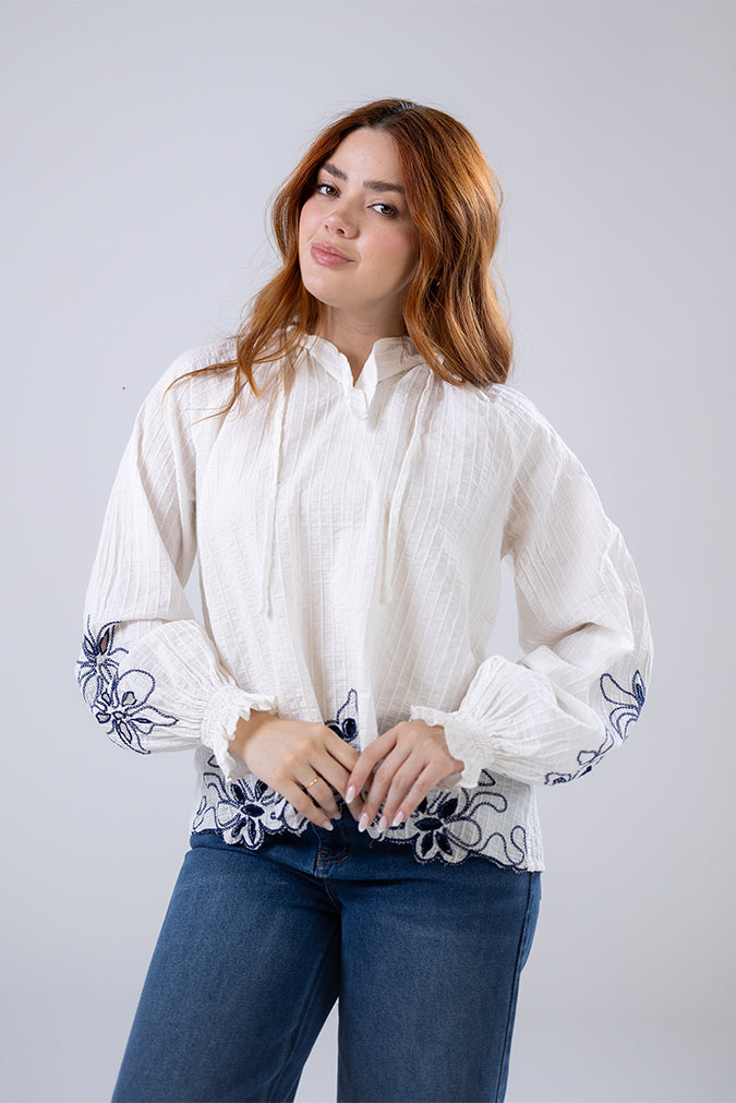 Embroidered Tie-Neck Blouse