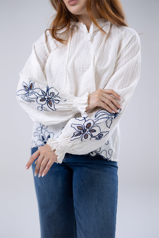 Embroidered Tie-Neck Blouse