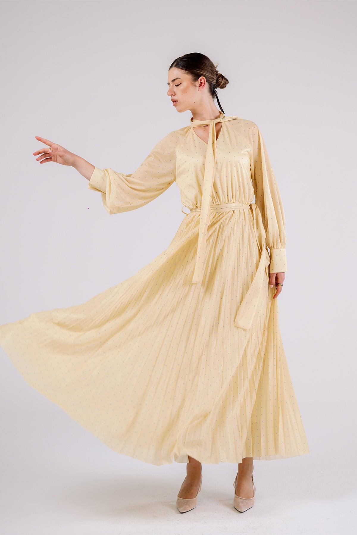 Pleated Pussy-Bow Maxi Dress
