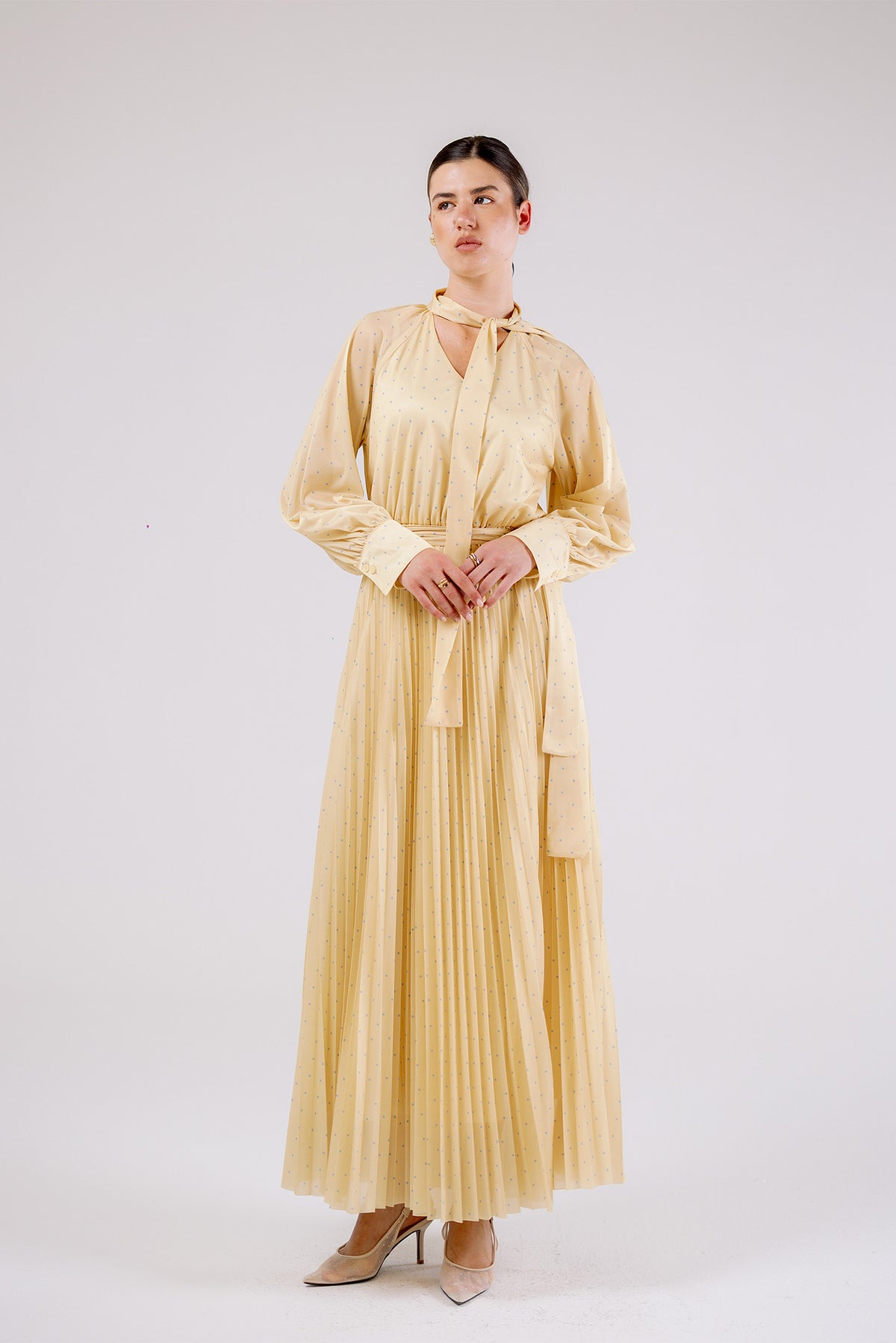 Pleated Pussy-Bow Maxi Dress