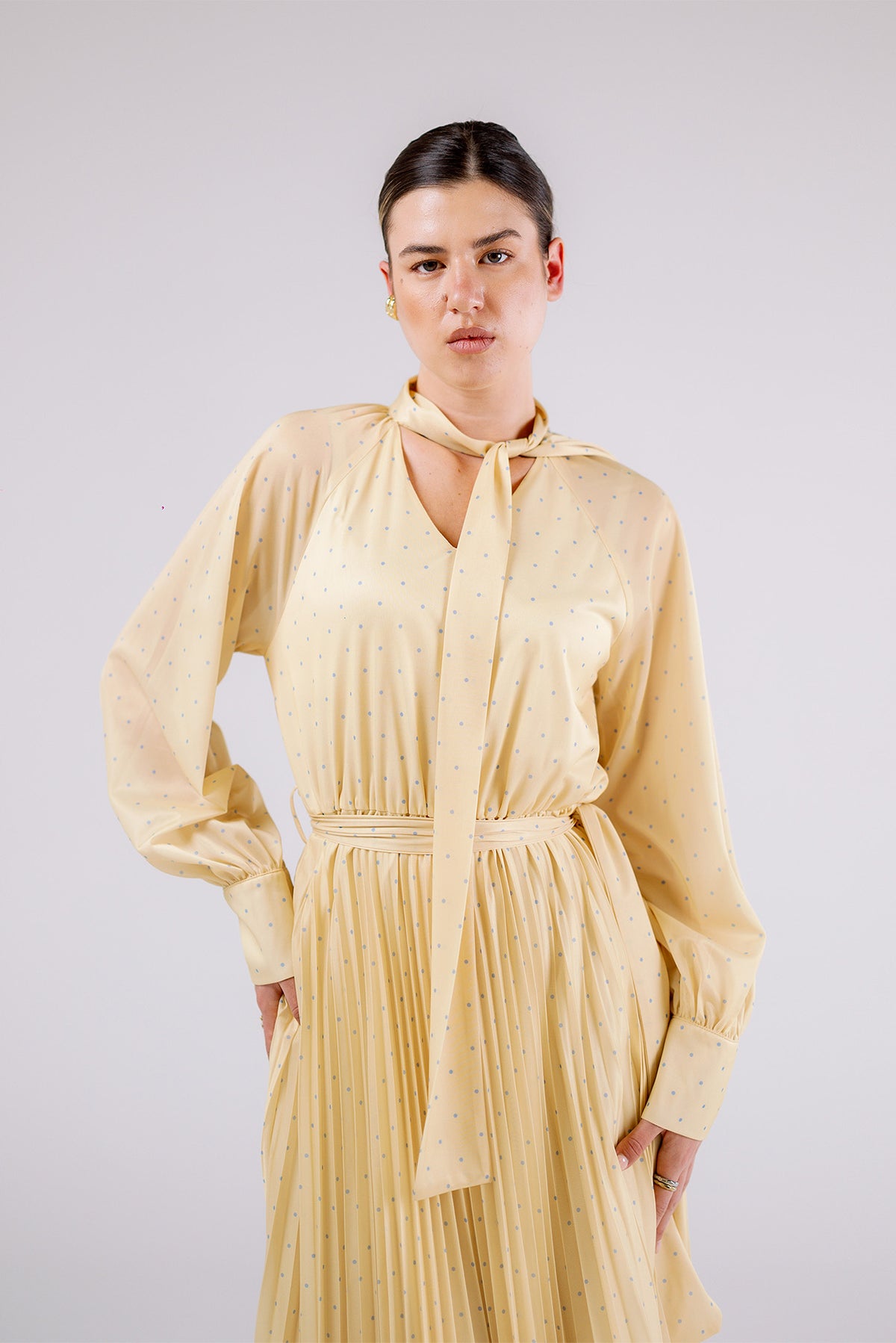 Pleated Pussy-Bow Maxi Dress
