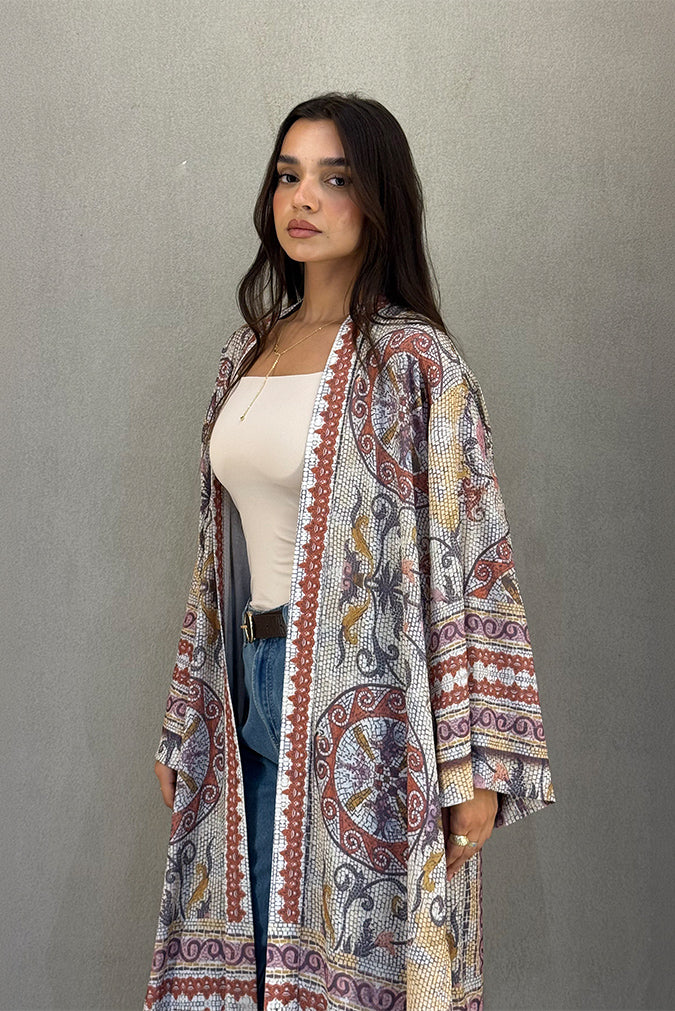Long Open-Front Printed Cardigan