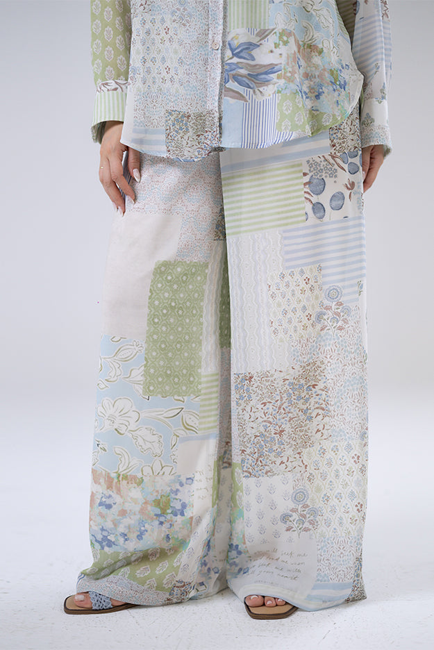 Patchwork Print Wide-Leg Pants